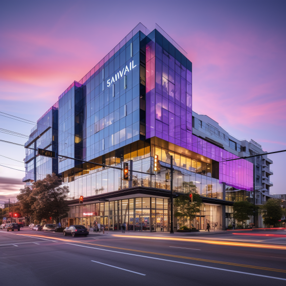 A purple building at dusk.