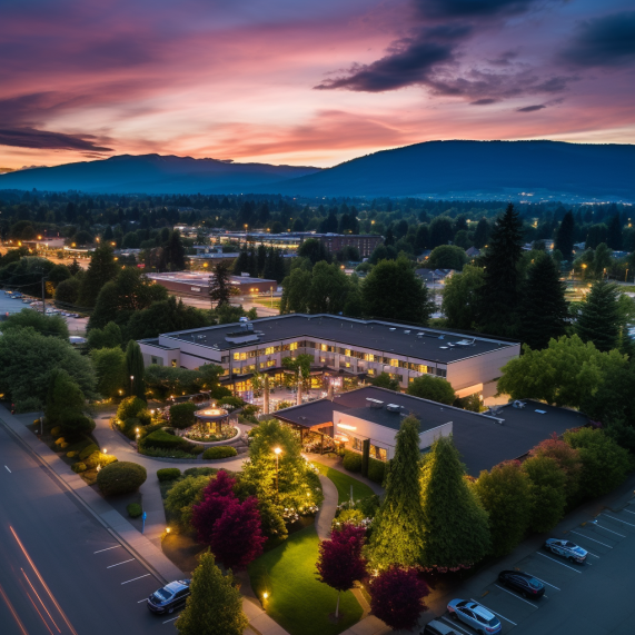 An aerial view of a hotel at dusk.