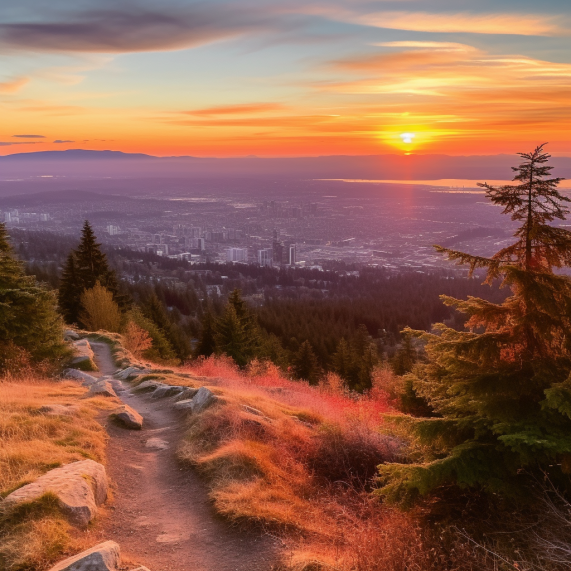 The sun is setting over a trail with trees and a view of the city.