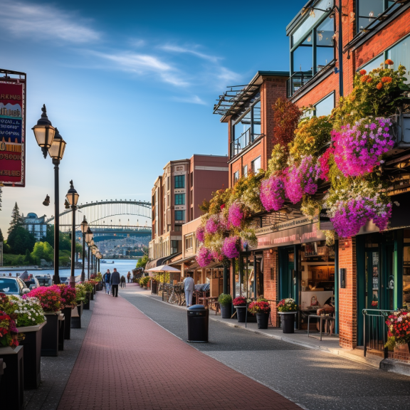 Downtown city street with flower pots on the sidewalk.