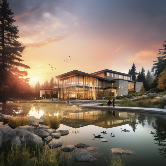 A rendering of a house with a pond in the background.