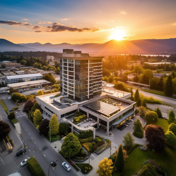 An aerial view of a hotel at sunset.