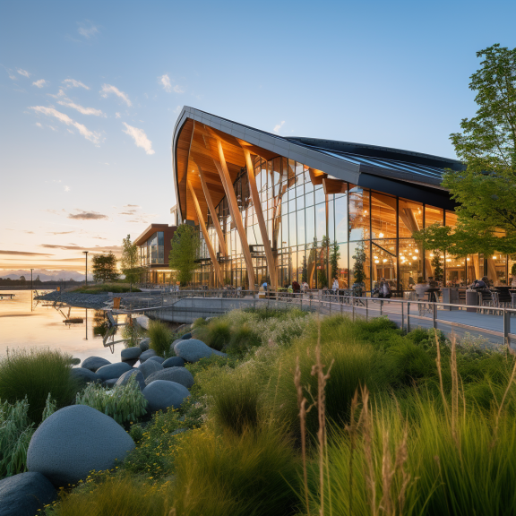 Fraser River Discovery Centre: Glass-roofed building near water with grass.