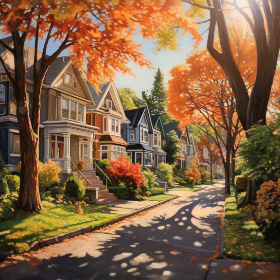 A Glenbrooke North street captured with houses and trees in a painting.