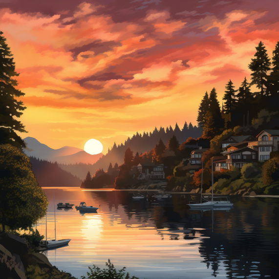 A painting of a lake with boats and trees.