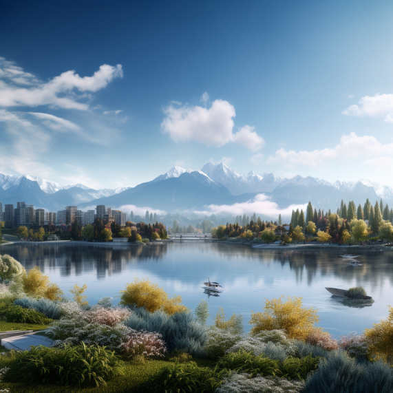 A city with a lake and mountains in the background.