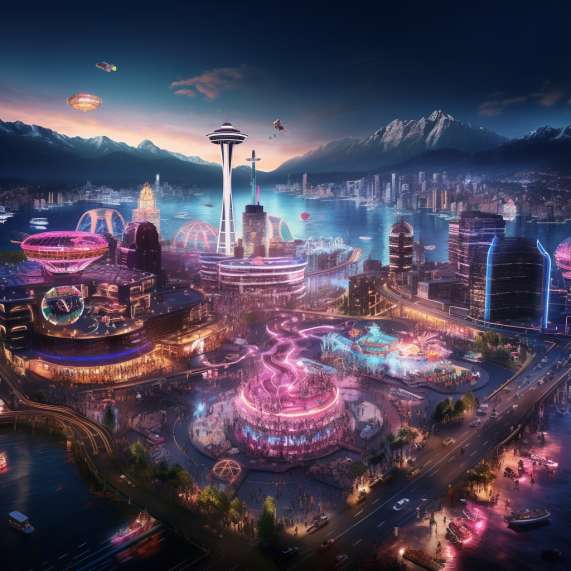 An aerial view of a city at night.