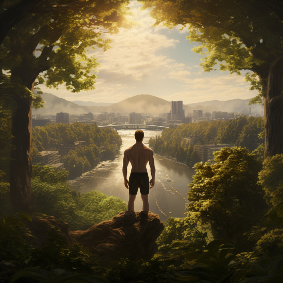 A man standing on top of a rock in a forest.