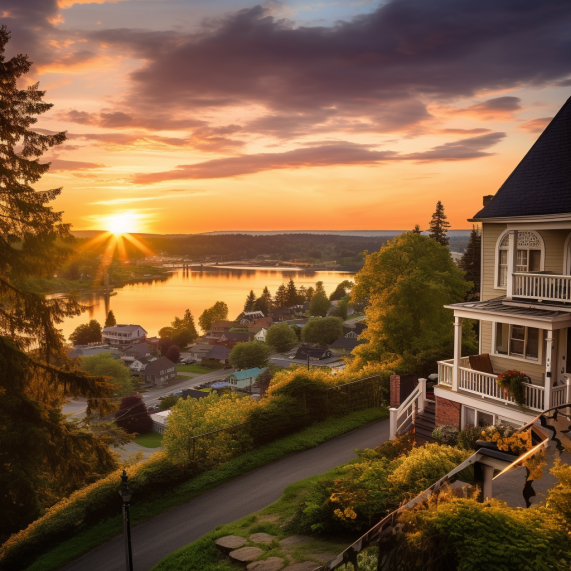 A house on a hill overlooking a lake at sunset.
