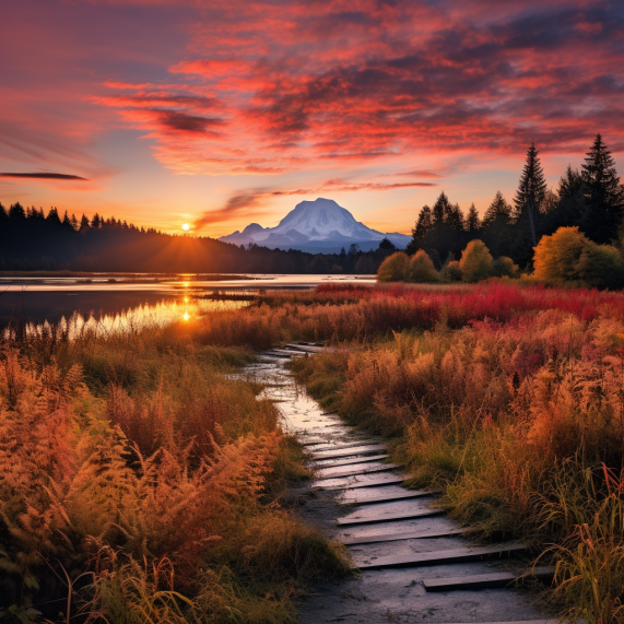 A path leading to a lake with mt rainier in the background.