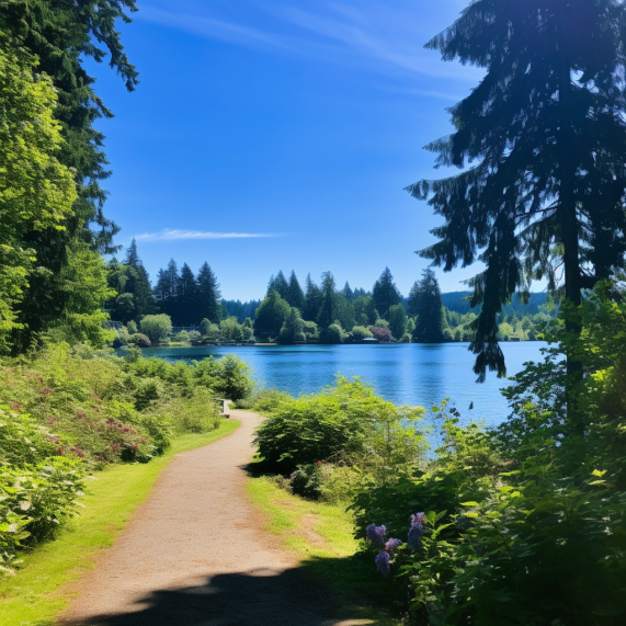 A path leading to a lake in a forest.