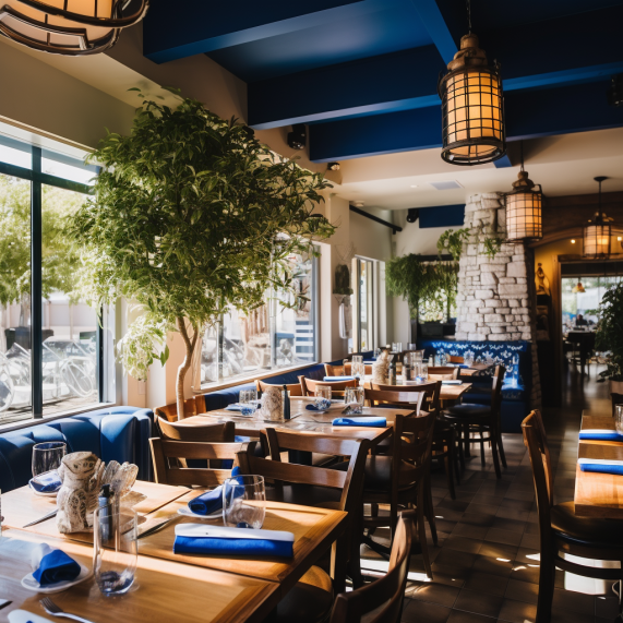 The interior of a restaurant with blue tables and chairs.