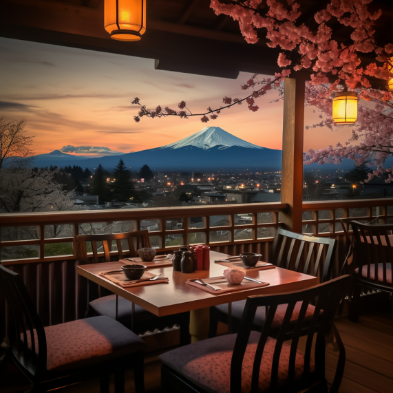 A restaurant with a view of mt fuji at sunset.