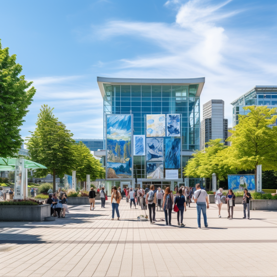 A group of people walking in a plaza in front of a building.