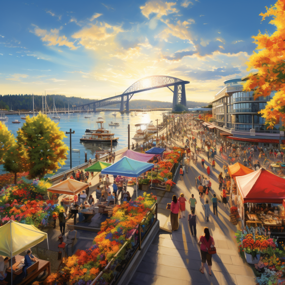 An artist's rendering of a quayside market.