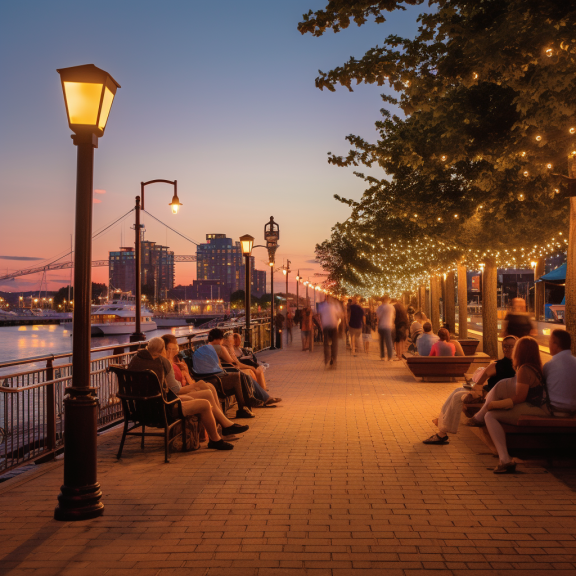 A Quayside Boardwalk with people sitting on it.