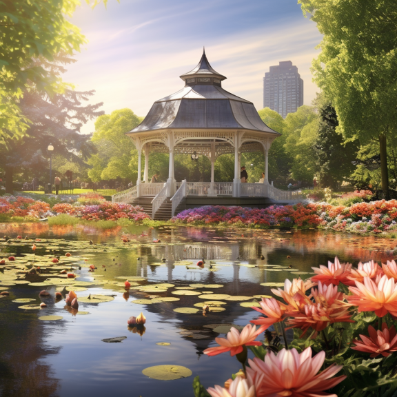 A Queen's Park gazebo adorned with water lilies.