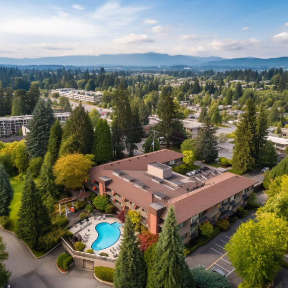 Ramada By Wyndham Coquitlam An aerial view of a hotel with a pool surrounded by trees.