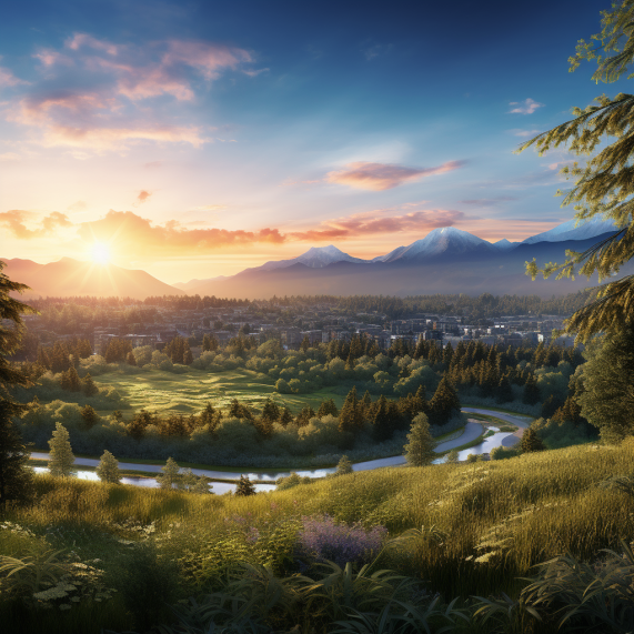 A city with trees and mountains in the background.
