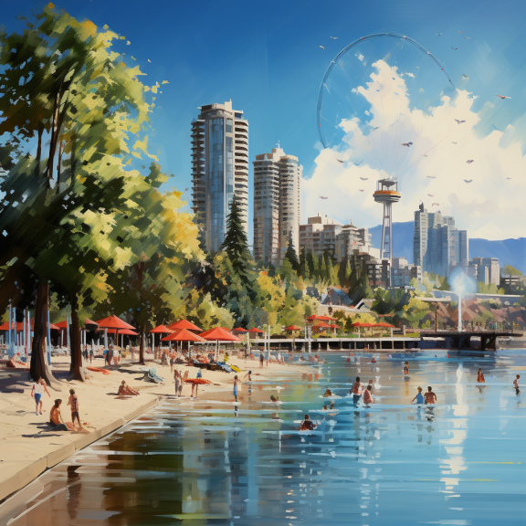 A painting capturing the urban beauty of Westminster Pier Park , showcasing people enjoying the beach.