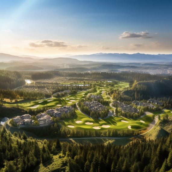 An aerial view of a golf course in the mountains.