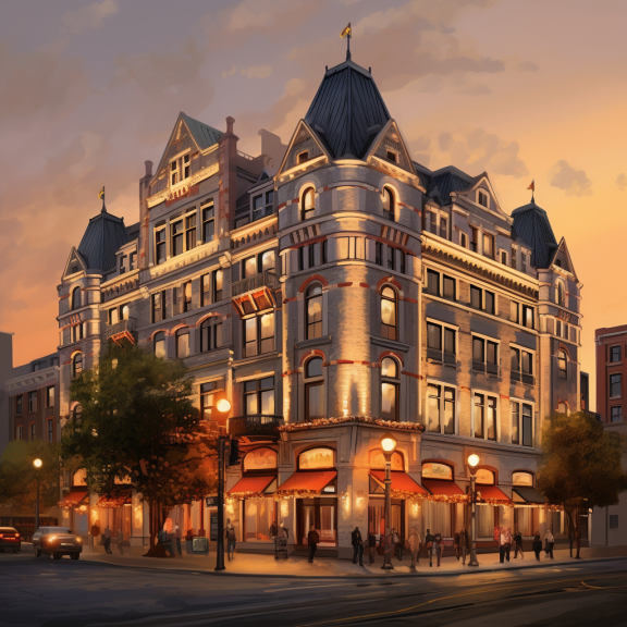 An artist's rendering of the Queens Hotel at dusk.