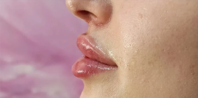 Close-up of a person's lower face showing smooth, shiny skin and glossy lips—a flawless look often achieved with Botox and Filler—set against a blurred pink background.