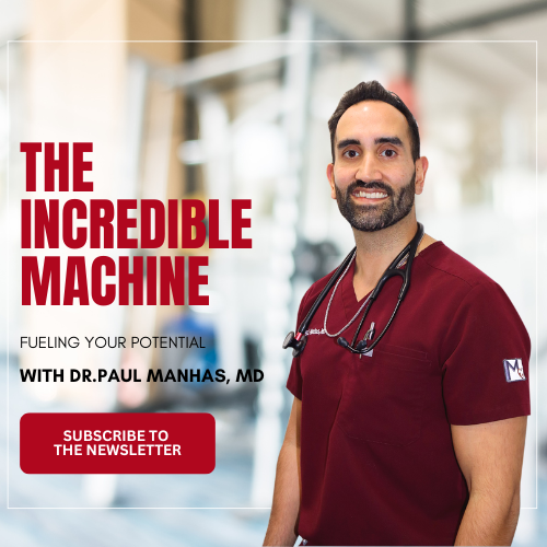 A smiling male doctor in scrubs with a stethoscope, standing in a gym with promotional text for "the incredible machine" newsletter by Dr. Paul Manhas, Coquitlam family physician.